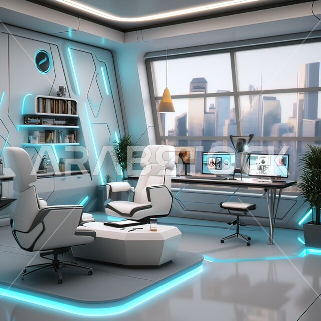 دمج الذكاء الاصطناعي مع الديكورات المنزلية الداخلية، استخدام الاجهزة الذكية في الغرف المكتبية، مكتب عمل بأثاث ابيض انيق وتقنيات متقدمة، مفهوم التطور ومواكبة الالكترونيات, تصاميم عصرية للشركات الراقية, خلفية رقمية للتكنولوجيا المتطورة في غرف المكاتب