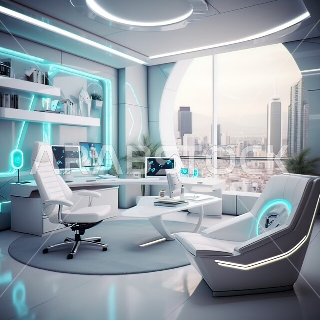 دمج الذكاء الاصطناعي مع الديكورات المنزلية الداخلية، استخدام الاجهزة الذكية في الغرف المكتبية، مكتب عمل بأثاث ابيض انيق وتقنيات متقدمة، مفهوم التطور ومواكبة الالكترونيات, تصاميم عصرية للشركات الراقية, خلفية رقمية للتكنولوجيا المتطورة في غرف المكاتب