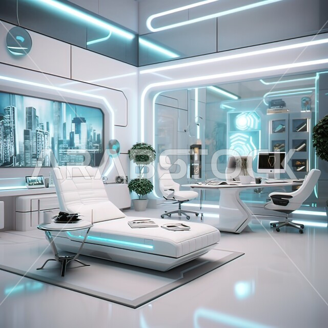 مفهوم التطور ومواكبة الالكترونيات, تصاميم عصرية للشركات الراقية, خلفية رقمية للتكنولوجيا المتطورة في غرف المكاتب، دمج الذكاء الاصطناعي مع الديكورات المنزلية الداخلية، مكتب عمل بأثاث ابيض انيق وتقنيات متقدمة، استخدام الاجهزة الذكية في الغرف المكتبية