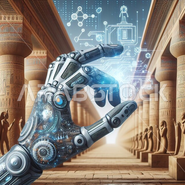 الابتكار والعلوم وتكنولوجيا الذكاء الاصطناعي، دمج الفن الهندسي المعماري مع التطور والتقدم التكنولوجي، صورة مقربة ليد روبوت مستقبلية، رؤية سعودية مستقبلية 2030، خلفية الهندسية المعمارية القديمة