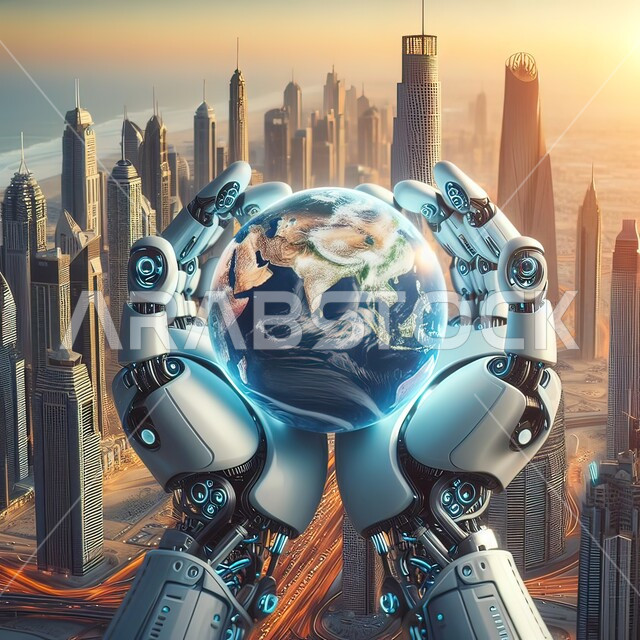 التطور والتقدم الهندسي المعماري، تحقيق الثورة الصناعية، صورة مقربة لأيدي روبوت ذكي يحمل كوكب الارض، العمل بمخططات تقنية, شبكة البيانات الضخمة والتحول الرقمي، الابتكار والعلوم وتكنولوجيا الذكاء الاصطناعي، رجل آلي حديث ومتطور بتقنيات عالية، رؤية مستقبلية 2030