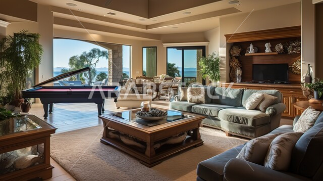 Upscale resorts and chalets, living rooms with modern contemporary designs, living rooms with interior decorations with antiques and accessories, elegant modern home furniture, residential apartments and villas in Saudi Arabia, places for rest and relaxation away from the pressures of life.