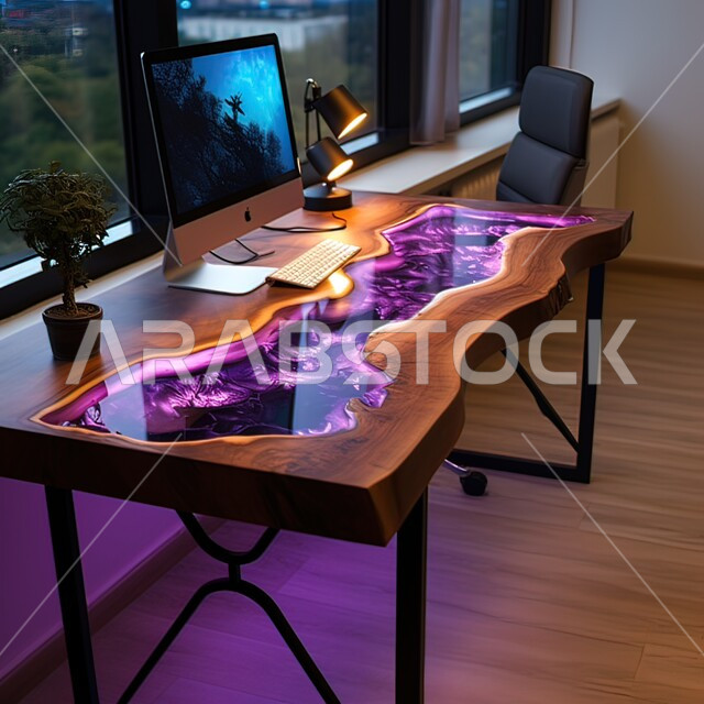 طاولة عمل مكتبية غريبة ومضيئة، غرفة مكتب بتصاميم داخلية وديكورات راقية، الفن الهندسي المعماري، تصميم عصري حديث لمكاتب الشركات السعودية، غرف القراءة والجلوس، مكتب عمل بواجهه زجاجية مطلة على الطبيعة الخضراء