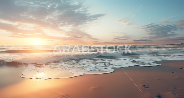 Waves on the seashore at sunrise, enjoying the tranquil seascape, natural tourist places in the Kingdom of Saudi Arabia, the calm and beauty of the sea, nature background