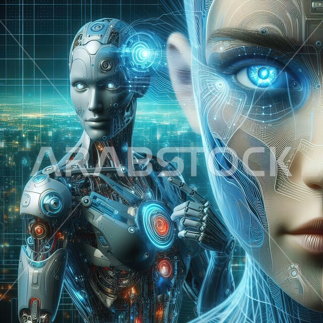 Three-dimensional designs for future robots, technological development on planet Earth, an advanced intelligent cyborg robot, achieving the industrial revolution, innovation, science and artificial intelligence technology, a Saudi future vision 2030