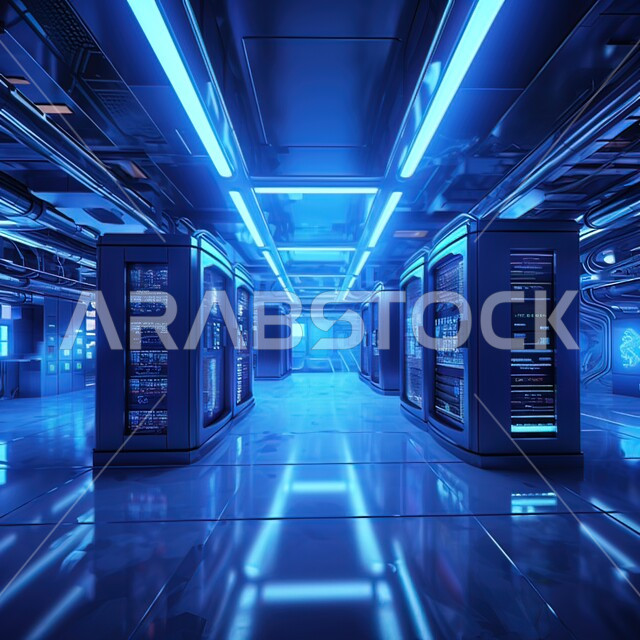 خوادم الانترنت العملاقة، خلفية هولوجرامية ثلاثية الأبعاد لغرفة الخوادم والسيرفرات، مفهوم  تكنولوجيا التخزين السحابي، إدارة بيانات الداتا سنتر باستخدام تقنيات حديثة، حفظ وتخزين المعلومات لمستخدمين المواقع