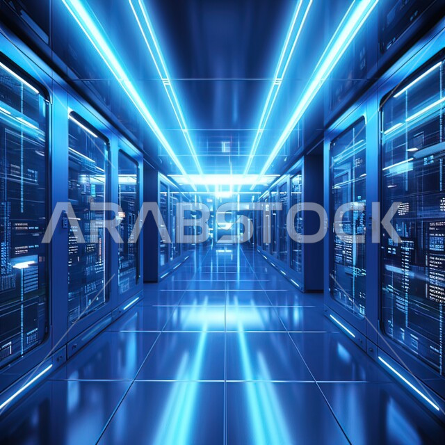 The concept of cloud storage technology, giant Internet servers, a 3D holographic background for the server room and servers, data center data management using modern technologies, saving and storing information for website users.