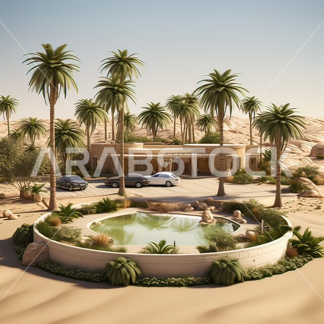 فندق قديم من الطين في وسط البيئة الصحراويه في المملكه العربية السعودية, المنشآت القديمة الطينية في الصحراء الرمليه, أشجار النخيل الخضراء وسط الرمال الذهبية، أماكن ومعالم لجذب السياح