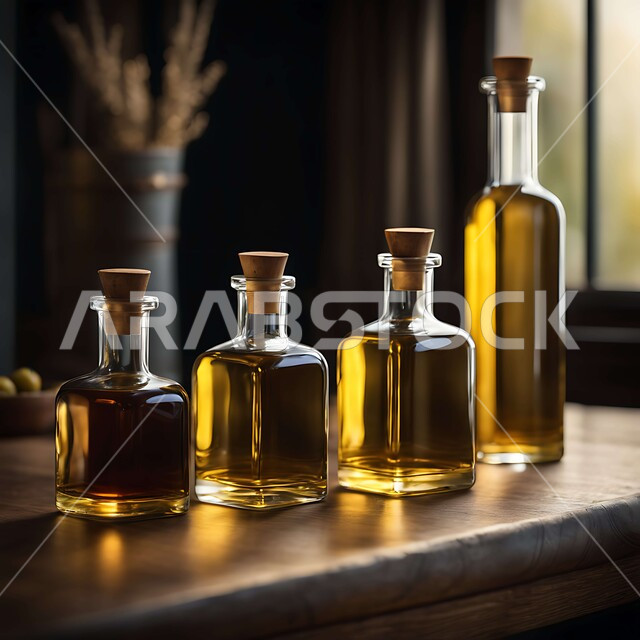 مفهوم الاكتفاء الذاتي، موسم حصاد الزيتون وعصره، مجموعة من زجاجات زيت الزيتون الذهبي على طاولة خشبية،  منتجات ومحاصيل  وطنية محلية سعودية