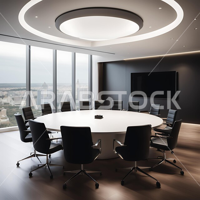 غرفة اجتماعات دائرية واسعة مع طاولة بيضاء محاطة بكراسي سوداء،  مكتب عمل بواجهه زجاجية مطلة على  الأبراج والطبيعة في وضح النهار، غرف مكتبية بتصاميم داخلية وديكورات بيضاء راقية، تصميم عصري حديث لمكاتب الشركات السعودية