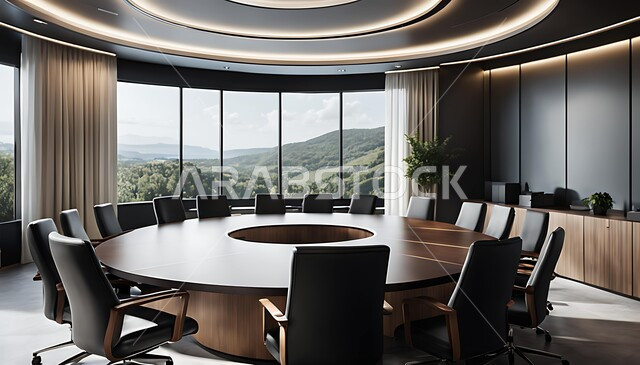 غرفة اجتماعات دائرية واسعة مع طاولة بيضاء محاطة بكراسي سوداء،  مكتب عمل بواجهه زجاجية مطلة على  الطبيعة في وضح النهار، غرف مكتبية بتصاميم داخلية وديكورات بيضاء راقية، تصميم عصري حديث لمكاتب الشركات السعودية
