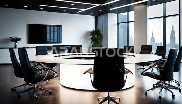 غرفة اجتماعات دائرية واسعة مع طاولة بيضاء محاطة بكراسي سوداء، تصميم عصري حديث لمكاتب الشركات السعودية، غرف مكتبية بتصاميم داخلية وديكورات بيضاء راقية، مكتب عمل بواجهه زجاجية مطلة على  الأبراج والطبيعة في وضح النهار