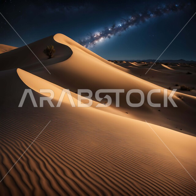 مشهد لمجرة درب التبانة والنجوم اللامعة في سماء السعوديه, جبال ومرتفعات المملكة العربية السعودية في وضع الليل، التضاريس والبيئة الصحراوية في الصحراء العربية، الكثبان الرملية الذهبية،  خلفية الطبيعة.