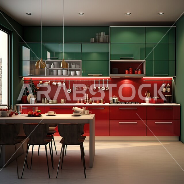  صورة مقربة لمطبخ بديكورات داخلية عصرية فاخرة باللون الاحمر والاخضر، فنون الهندسة المعمارية المتميزة الحديثة، شقق وفلل سكنية في السعودية، استخدام الطراز الفني الراقي في الأثاث المنزلي