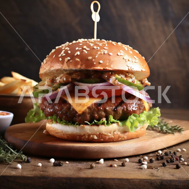 Burger sandwich with grilled meat pieces and melted cheese slices with fresh vegetables on a wooden plate, fast food restaurants in the Kingdom of Saudi Arabia, hamburger meal with delicious french fries, unhealthy food recipes