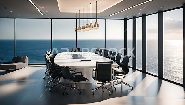 A spacious rectangular meeting room with a white table surrounded by black chairs, office rooms with elegant white interiors and decor, a modern modern design for Saudi corporate offices, a work office with a glass facade overlooking the sea in broad daylight.