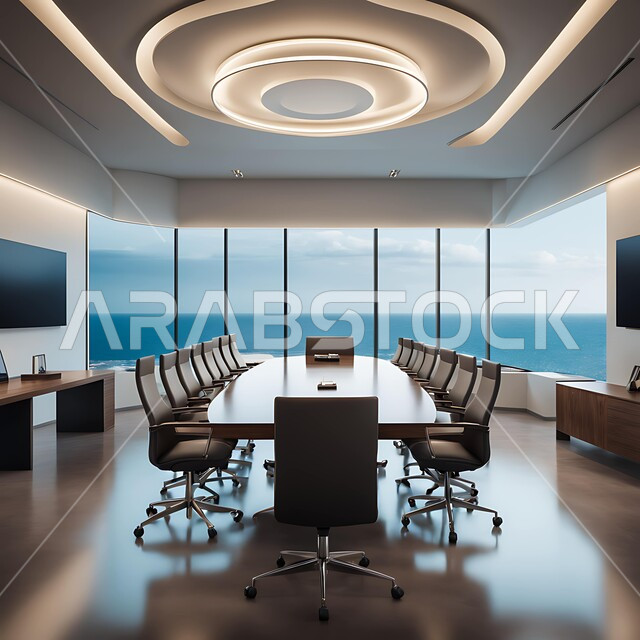 تصميم عصري حديث لمكاتب الشركات السعودية، غرفة اجتماعات مستطيلة واسعة مع طاولة بيضاء محاطة بكراسي سوداء، غرف مكتبية بتصاميم داخلية وديكورات بيضاء راقية، مكتب عمل بواجهه زجاجية مطلة على البحر في وضح النهار