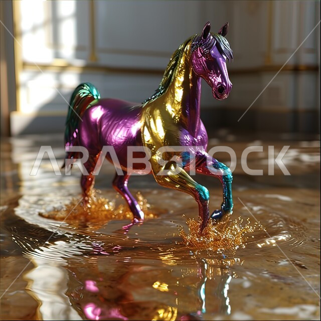 Horse in the water on the background of the reflection