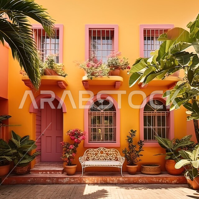 نباتات الزينة الخضراء، ديكورات وتصاميم تقليدية قديمة، باب خشبي ونوافذ وجدران ملونة على الطراز العربي القديم، شقق ومنازل سكنية, الفن الهندسي المعماري.