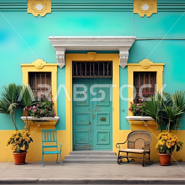 ديكورات وتصاميم تقليدية قديمة، باب خشبي ونوافذ وجدران ملونة على الطراز العربي القديم، شقق ومنازل سكنية, الفن الهندسي المعماري، نباتات الزينة الخضراء.