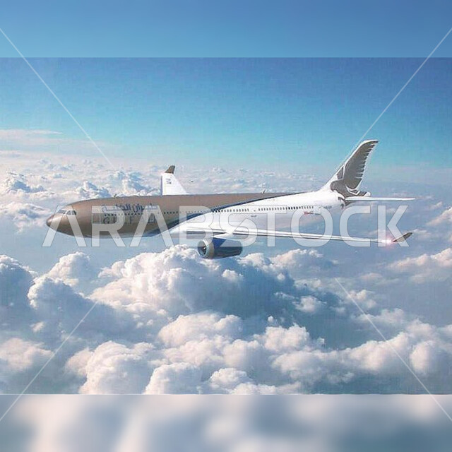 طائرة من خطوط طيران دولة البحرين تحلق في السماء، الغيوم القطنية الكثيفة البيضاء، وسائل المواصلات الجوية، رحلات وجولات سياحية ترفيهية، السياحة في البحرين