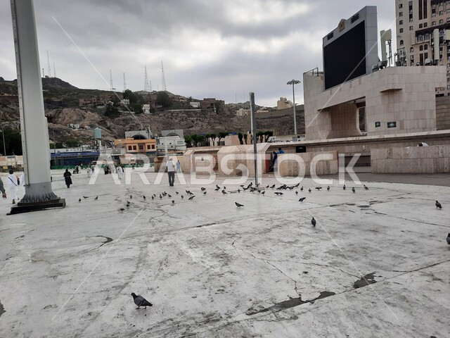 طيور الحمام في الساحات الخارجية للمسجد الحرام في مكة المكرمة، أداء العبادات والتقرب الى الله, أماكن ومعالم دينية اسلامية مقدسة, مقصد المسلمين من مختلف البلدان، خلفية السماء الملبدة بالغيوم