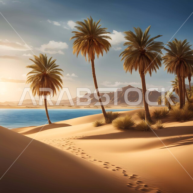 الاهتمام في زراعه أشجار النخيل والنباتات الخضراء في الصحراء على شاطئ البحر،الرمال الذهبية الناعمة في صحاري المملكة العربيه السعودية، خلفية البيئة الصحراوية في وقت النهار