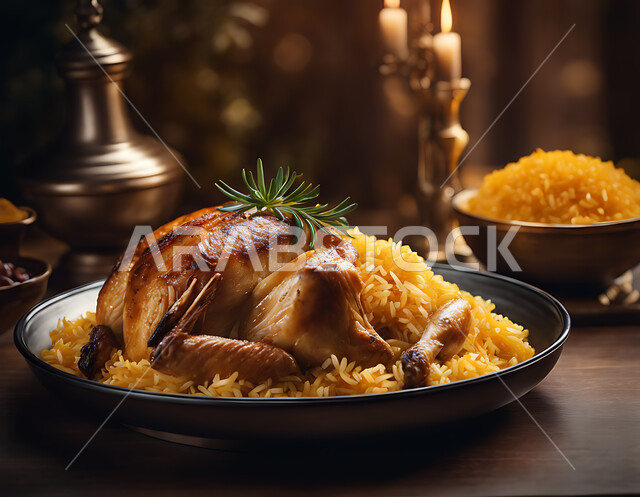 طبق من ارز مندي الدجاج، أطباق من المأكولات العربية التقليدية الشعبية، وصفات طعام صحية شهية لذيذة، وجبات المطبخ السعودي, الرز البرياني مع الفروج المشوي