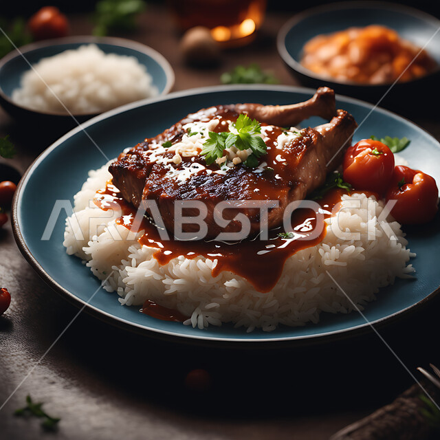  أطباق ووجبات تقليدية شعبية ،طبق من الأرز المندي مع التوابل المزين بقطع اللحم الطرية مع الصلصة الحمراء ،وصفات الطعام الشهيه واللذيذه في المطبخ السعودي ،مطاعم للمأكولات العربية الشرقية
