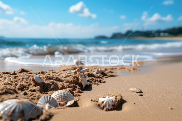 A close-up of colorful seashore shells, stones and pebbles, Red Sea waves on sandy beaches, water resources and the natural environment, natural tourist attractions, nature background.
