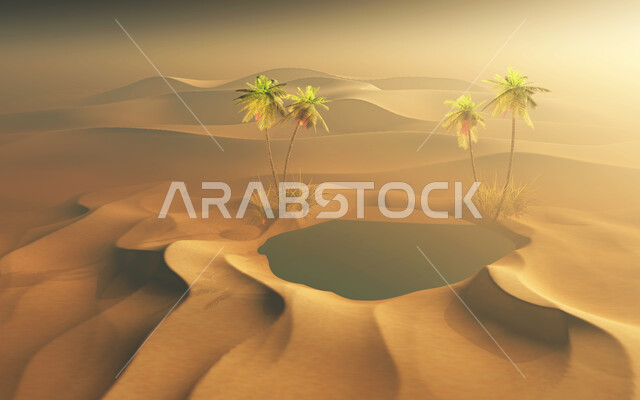صورة ثلاثية الابعاد للنباتات الشوكية وواحة أشجار النخيل الخضراء حول بحيرة ماء صغيرة وسط البيئة الرملية الذهبيه الناعمة في المناطق الصحراوية، البيئة الجافة في الصحراء والمناطق البرية، السماء الضبابية في وضح النهار في المملكة العربية السعودية 