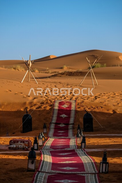 سجادة حمراء شعبية وسط الصحراء في وضح النهار، مجالس عربية سعودية تراثية على الرمال الذهبية، كشتة بر تقليدية في الأجواء المشمسة، عادات وتقاليد بدوية في المملكة العربية السعودية