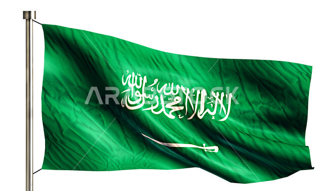 Commemorating National Day September 23, the banner of monotheism and Islam and the national identity slogan, a close-up of the Saudi flag waving to celebrate Saudi Flag Day March 11, the symbol of the Kingdom of Saudi Arabia, a white background