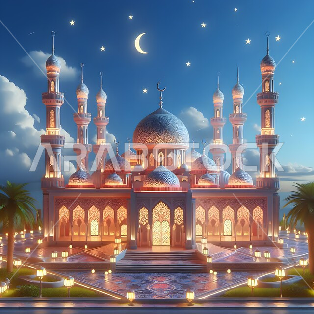 Three-dimensional models of mosques and decorated domes, decorations and distinctive geometric designs in the blessed Ramadan, worship and drawing closer to God Almighty, the arrival of the month of goodness, decorations for holidays and religious occasions, 3D Islamic decorations background