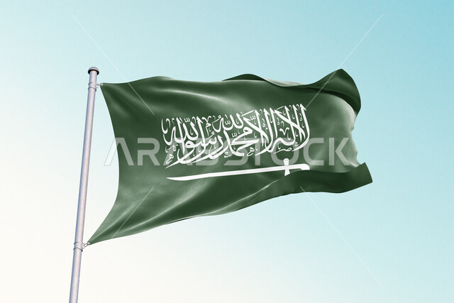  صورة مقربة لعلم السعودية مرفرف في السماء وضح النهار، الاحتفال بيوم العلم السعودي 11 مارس، رمز المملكة العربية السعودية، ذكرى اليوم الوطني 23 سبتمبر،  راية التوحيد والإسلام وشعار الهوية الوطنية