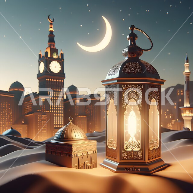 A traditional metal Arabic lantern, the coming of the month of blessing and goodness, accessories and antiques for the holy month of Ramadan, decorations and lights for holidays and occasions, worship and getting closer to God, Islamic religious landmarks and holy places, the background of the towers of Mecca