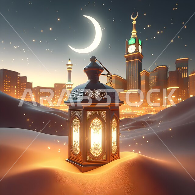 A traditional metal Arabic lantern, the coming of the month of blessing and goodness, accessories and antiques for the holy month of Ramadan, decorations and lights for holidays and occasions, worship and getting closer to God, Islamic religious landmarks and holy places, the background of the towers of Mecca