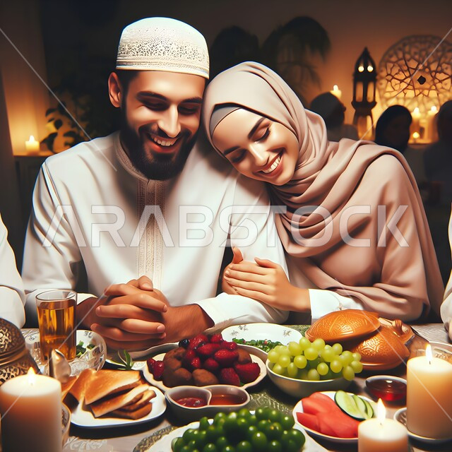 أجواء وعبادات دينية إسلامية، مائدة إفطار مليئة بأصناف المأكولات الشهية, زوجان عربيان خليجيان سعوديان مبتسمان يجلسان على سفرة الطعام عند موعد الإفطار في شهر رمضان المبارك, جلسة زوجية في إحدى المطاعم المزينة بديكورات رمضانية