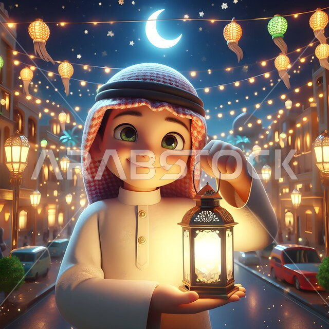 A three-dimensional drawing of a Saudi Gulf Arab boy wearing a traditional thobe and shemagh, holding a luminous metal lantern in his hand, Islamic lanterns and antiques to celebrate the coming of the month of goodness, lighting and decorations for the holy month of Ramadan, decorations and lights in the spiritual Ramadan atmosphere.
