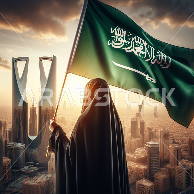 The rise and architectural progress of towers and skyscrapers, celebration of the Saudi National Day, September 23, national occasions and holidays, the concept of love for the homeland and belonging to it, a close-up picture from the back of a Saudi Gulf Arab woman wearing the black abaya, holding the Kingdom’s flag in her hand, Flag Day, March 11
