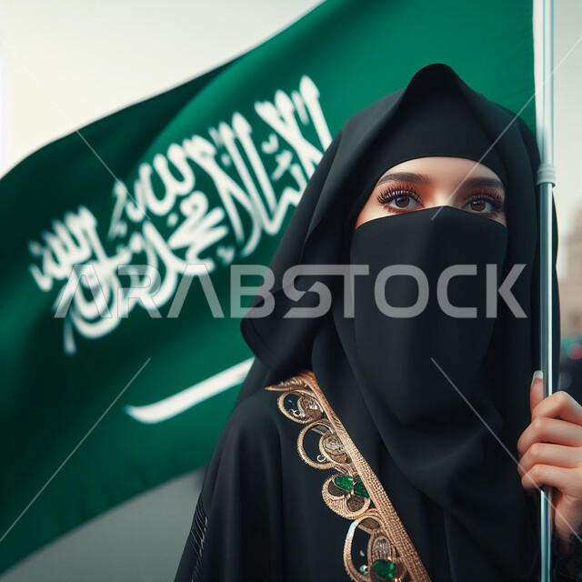 المناسبات والأعياد الوطنية, إظهار الولاء للدولة، الاحتفال بذكرى العيد الوطني السعودي 23 سبتمبر، مفهوم حب الوطن والانتماء إليه، صورة مقربة لإمرأة عربية سعودية خليجية ترتدي العباءة السوداء والنقاب تحمل بيدها علم المملكة، يوم العلم 11 مارس .