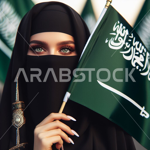 إظهار الولاء للدولة، الاحتفال بذكرى العيد الوطني السعودي 23 سبتمبر، مناسبات وأعياد وطنية, مفهوم حب الوطن والانتماء إليه، صورة مقربة لإمرأة عربية سعودية خليجية ترتدي العباءة السوداء والنقاب تحمل بيدها علم المملكة، يوم العلم 11 مارس .