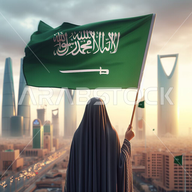 التقدم والنمو العمراني للأبراج وناطحات السحاب، الاحتفال بذكرى العيد الوطني السعودي 23 سبتمبر، مناسبات وأعياد وطنية, مفهوم حب الوطن والانتماء إليه، صورة مقربة من الخلف لإمرأة عربية سعودية خليجية ترتدي العباءة السوداء تحمل بيدها علم المملكة، يوم العلم 11 مارس .
