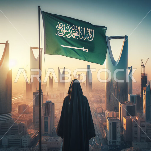 النمو والتقدم العمراني للأبراج وناطحات السحاب، الاحتفال بذكرى العيد الوطني السعودي 23 سبتمبر، مناسبات وأعياد وطنية, مفهوم حب الوطن والانتماء إليه، صورة من الخلف لإمرأة عربية سعودية خليجية ترتدي العباءة السوداء تقف تحت علم المملكة، يوم العلم 11 مارس .