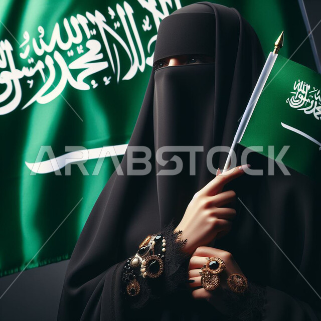 الأعياد والمناسبات الوطنية, الاحتفال بذكرى العيد الوطني السعودي 23 سبتمبر، مفهوم حب الوطن والانتماء إليه، صورة مقربة لإمرأة عربية سعودية خليجية ترتدي العباءة السوداء والنقاب تحمل بيدها علم المملكة، يوم العلم 11 مارس، إظهار الولاء للدولة، خلفية علم السعودية.