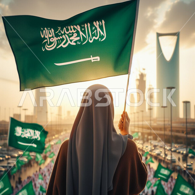 الفن المعماري للأبراج وناطحات السحاب، الاحتفال بذكرى العيد الوطني السعودي 23 سبتمبر، مناسبات وأعياد وطنية, مفهوم حب الوطن والانتماء إليه، صورة مقربة من الخلف لإمرأة عربية سعودية خليجية ترتدي العباءة السوداء تحمل بيدها علم المملكة، يوم العلم 11 مارس .