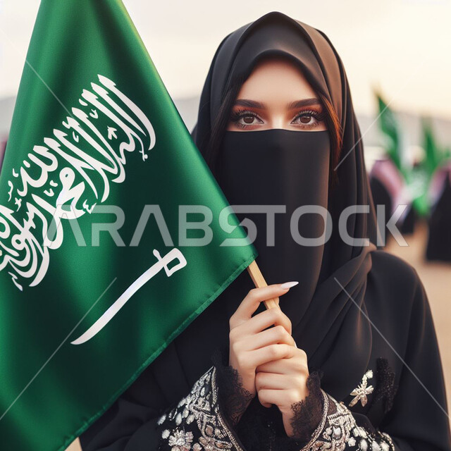 المناسبات والأعياد الوطنية, الاحتفال بذكرى العيد الوطني السعودي 23 سبتمبر، مفهوم حب الوطن والانتماء إليه، صورة مقربة لإمرأة عربية سعودية خليجية ترتدي العباءة السوداء والنقاب تنظر إلى الكاميرا تحمل بيدها علم المملكة، يوم العلم 11 مارس، إظهار الولاء للدولة .