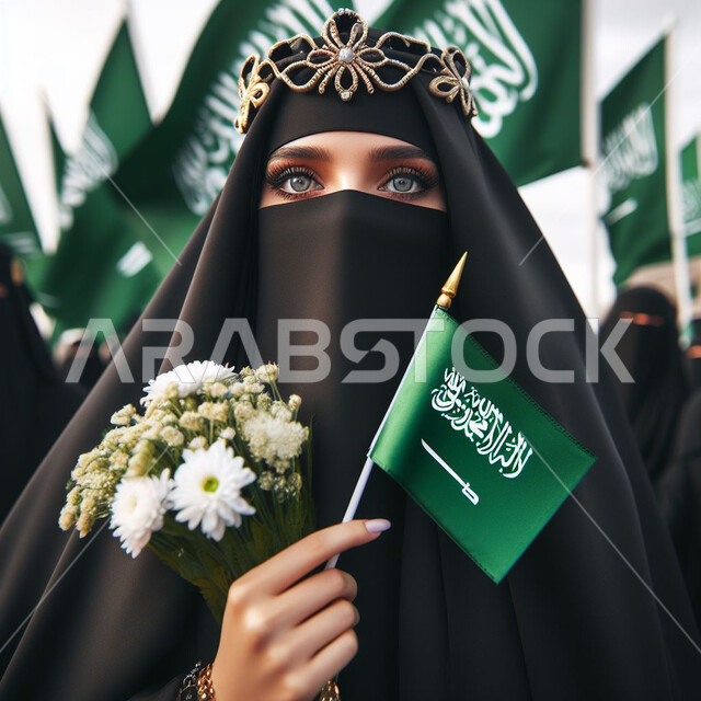الاحتفال بذكرى العيد الوطني السعودي 23 سبتمبر، مناسبات وأعياد وطنية, مفهوم حب الوطن والانتماء إليه، صورة مقربة لإمرأة عربية سعودية خليجية ترتدي العباءة السوداء والنقاب تنظر إلى الكاميرا تحمل بيدها علم المملكة وباقة من الزهور، يوم العلم 11 مارس .