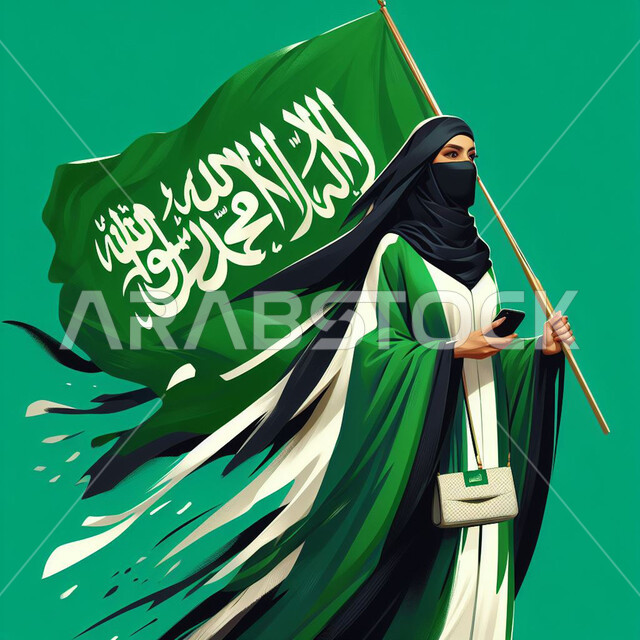الاحتفال بيوم العلم 11 مارس، إحياء ذكرى العيد الوطني السعودي 23 سبتمبر، مناسبات وأعياد وطنية, مفهوم حب الوطن والانتماء إليه، صورة مقربة لإمرأة عربية سعودية خليجية ترتدي العباءة السوداء والنقاب تحمل بيدها علم المملكة، خلفية خضراء .