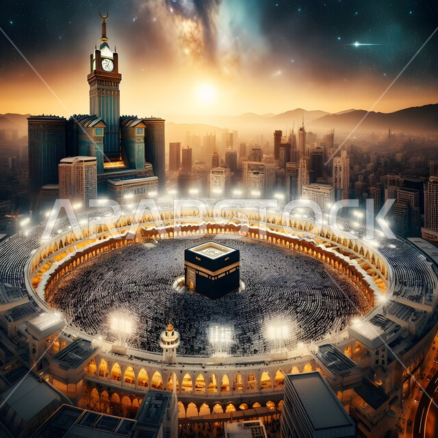 طواف حجاج بيت الله الحرام حول الكعبة المشرفة  في الحرم المكي الشريف في مكة المكرمة ليلا، أداء مناسك الحج والعمرة، العبادة والتقرب إلى الله، معالم و أماكن إسلامية مقدسة دينية في المملكة العربية السعودية 